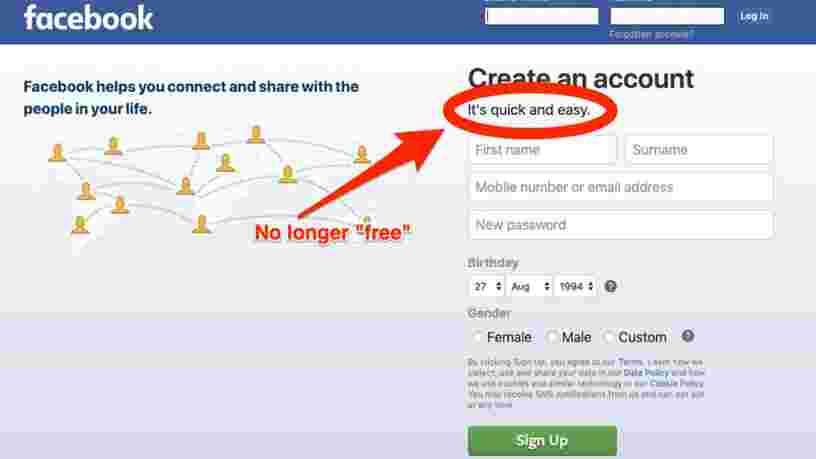 Facebook a subitement enlevé la mention 'C'est gratuit et ça le restera toujours' de sa page d'accueil