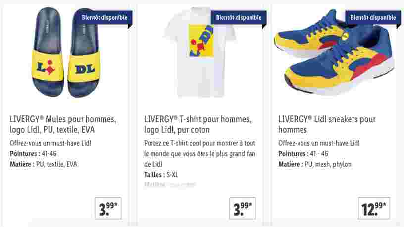 Lidl met en vente des sneakers, des t-shirts et des claquettes à son effigie