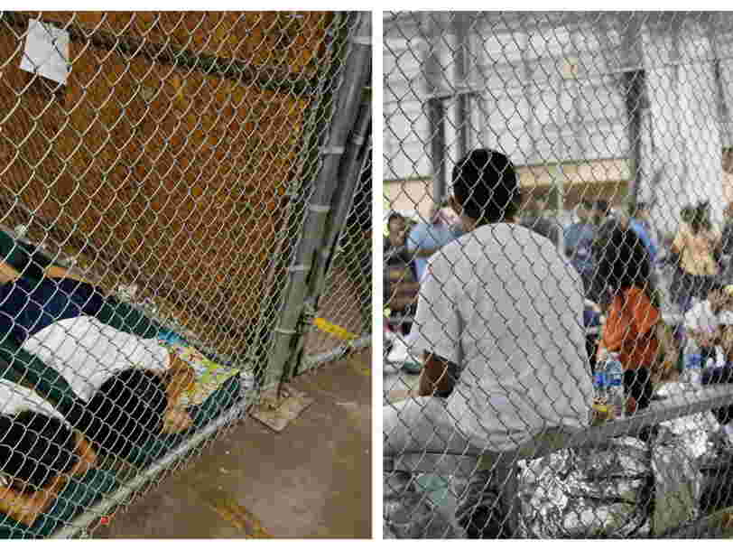 Side-by-side photos show migrant children locked up in cages under both Trump and Obama