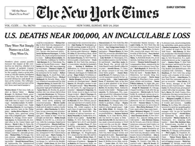 A Heartbreaking New York Times Front Page Lists 1 000 Coronavirus Deaths Just 1 Of The