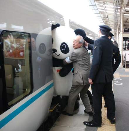 Un panda peine à monter dans un train...